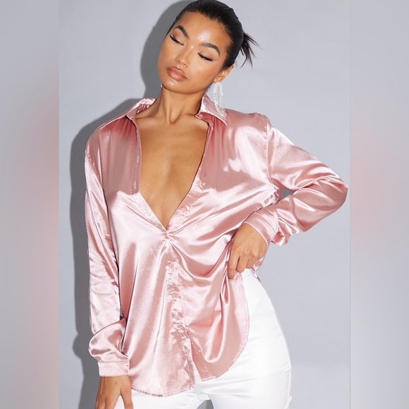 NWT Pretty Little Thing Rose Gold Satin Blouse - Picture 2 of 5